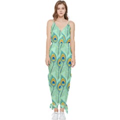 Lovely Peacock Feather Pattern With Flat Design Sleeveless Tie Ankle Chiffon Jumpsuit by Simbadda