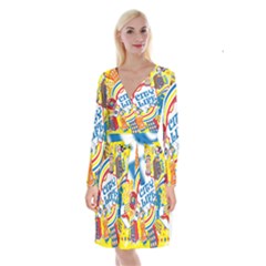 Colorful City Life Horizontal Seamless Pattern Urban City Long Sleeve Velvet Front Wrap Dress by Simbadda