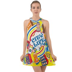 Colorful City Life Horizontal Seamless Pattern Urban City Halter Tie Back Chiffon Dress by Simbadda