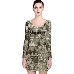 Four Hand Drawn City Patterns Long Sleeve Velvet Bodycon Dress by Simbadda