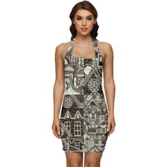 Four Hand Drawn City Patterns Sleeveless Wide Square Neckline Ruched Bodycon Dress by Simbadda