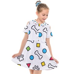 Dog Paw Seamless Pattern Foot Print Bone Kids  Short Sleeve Shirt Dress by Simbadda