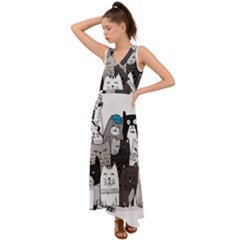 Cute Cat Hand Drawn Cartoon Style V-neck Chiffon Maxi Dress by Simbadda