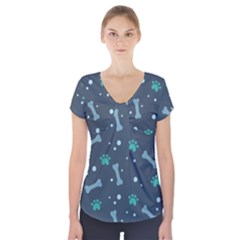 Bons Foot Prints Pattern Background Short Sleeve Front Detail Top by Simbadda