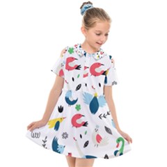 Vector Set Isolates With Cute Bird Scandinavian Style Kids  Short Sleeve Shirt Dress by Simbadda