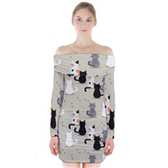 Cute Cat Seamless Pattern Long Sleeve Off Shoulder Dress by Simbadda