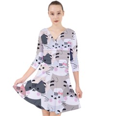 Cute Cat Couple Seamless Pattern Cartoon Quarter Sleeve Front Wrap Dress by Simbadda