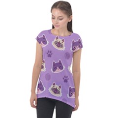 Cute-colorful-cat-kitten-with-paw-yarn-ball-seamless-pattern Cap Sleeve High Low Top by Simbadda