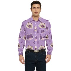 Cute-colorful-cat-kitten-with-paw-yarn-ball-seamless-pattern Men s Long Sleeve Pocket Shirt  by Simbadda