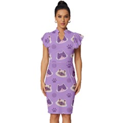 Cute-colorful-cat-kitten-with-paw-yarn-ball-seamless-pattern Vintage Frill Sleeve V-neck Bodycon Dress by Simbadda