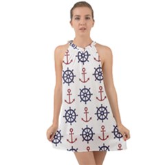 Nautical-seamless-pattern Halter Tie Back Chiffon Dress by Simbadda