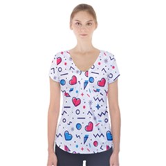 Hearts-seamless-pattern-memphis-style Short Sleeve Front Detail Top by Simbadda