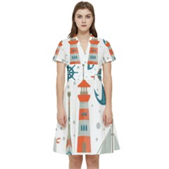 Nautical-elements-pattern-background Short Sleeve Waist Detail Dress by Simbadda