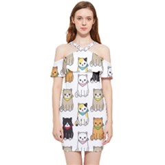 Cat-kitten-seamless-pattern Shoulder Frill Bodycon Summer Dress by Simbadda