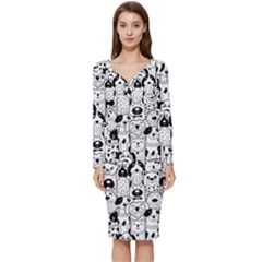 Seamless-pattern-with-black-white-doodle-dogs Long Sleeve V-neck Bodycon Dress  by Simbadda