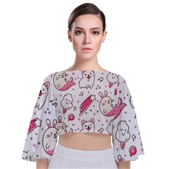 Cute-animals-seamless-pattern-kawaii-doodle-style Tie Back Butterfly Sleeve Chiffon Top by Simbadda