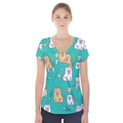 Seamless-pattern-cute-cat-cartoon-with-hand-drawn-style Short Sleeve Front Detail Top by Simbadda