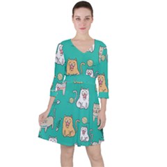 Seamless-pattern-cute-cat-cartoon-with-hand-drawn-style Quarter Sleeve Ruffle Waist Dress by Simbadda