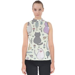 Funny Cartoon Cat Seamless Pattern Mock Neck Shell Top by Simbadda