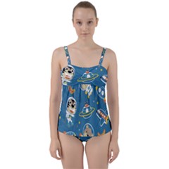 Seamless-pattern-funny-astronaut-outer-space-transportation Twist Front Tankini Set by Simbadda