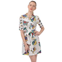 Seamless-pattern-with-hand-drawn-bird-black Belted Shirt Dress by Simbadda