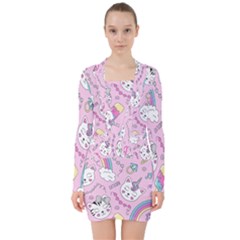 Beautiful-cute-animals-pattern-pink V-neck Bodycon Long Sleeve Dress by Simbadda