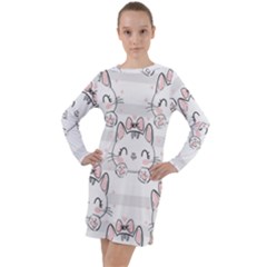 Cat-with-bow-pattern Long Sleeve Hoodie Dress by Simbadda