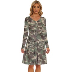 Camouflage Design Long Sleeve Dress With Pocket by Excel