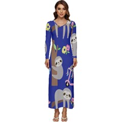 Hand-drawn-cute-sloth-pattern-background Long Sleeve Longline Maxi Dress by Simbadda