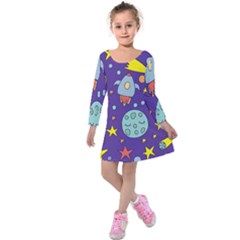 Card-with-lovely-planets Kids  Long Sleeve Velvet Dress by Simbadda