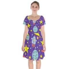 Card-with-lovely-planets Short Sleeve Bardot Dress by Simbadda