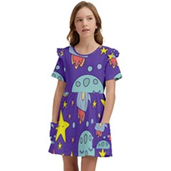 Card-with-lovely-planets Kids  Frilly Sleeves Pocket Dress by Simbadda