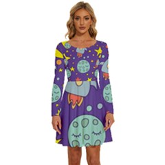 Card-with-lovely-planets Long Sleeve Wide Neck Velvet Dress by Simbadda