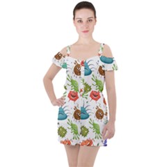 Dangerous-streptococcus-lactobacillus-staphylococcus-others-microbes-cartoon-style-vector-seamless-p Ruffle Cut Out Chiffon Playsuit by Simbadda