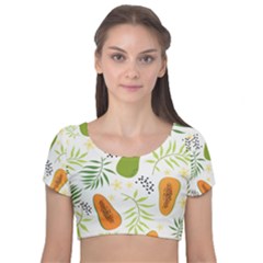 Seamless-tropical-pattern-with-papaya Velvet Short Sleeve Crop Top  by Simbadda