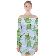 Cute-green-frogs-seamless-pattern Long Sleeve Off Shoulder Dress by Simbadda