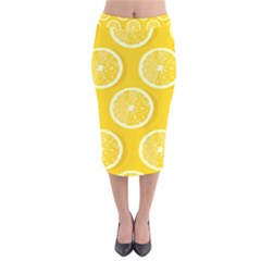 Lemon-fruits-slice-seamless-pattern Velvet Midi Pencil Skirt by Simbadda