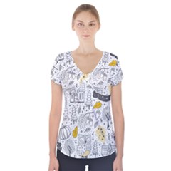 Doodle-seamless-pattern-with-autumn-elements Short Sleeve Front Detail Top by Simbadda