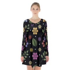 Embroidery-seamless-pattern-with-flowers Long Sleeve Velvet V-neck Dress by Simbadda