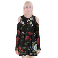 Floral-folk-fashion-ornamental-embroidery-pattern Velvet Long Sleeve Shoulder Cutout Dress by Simbadda