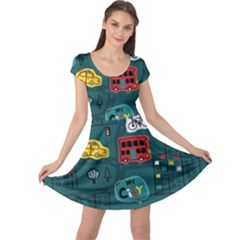 Seamless-pattern-hand-drawn-with-vehicles-buildings-road Cap Sleeve Dress by Simbadda