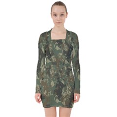 Camouflage-splatters-background V-neck Bodycon Long Sleeve Dress by Simbadda