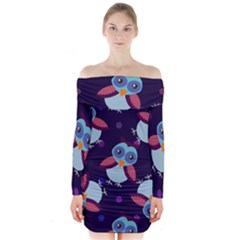 Owl-pattern-background Long Sleeve Off Shoulder Dress by Simbadda