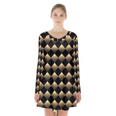 Golden-chess-board-background Long Sleeve Velvet V-neck Dress by Simbadda