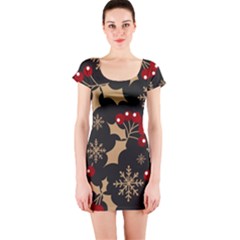 Christmas-pattern-with-snowflakes-berries Short Sleeve Bodycon Dress by Simbadda