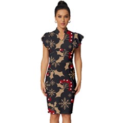 Christmas-pattern-with-snowflakes-berries Vintage Frill Sleeve V-neck Bodycon Dress by Simbadda