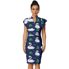 Swan-pattern-elegant-design Vintage Frill Sleeve V-neck Bodycon Dress by Simbadda