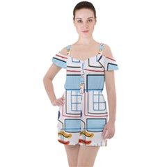 Sketch Line Art Doodles Design Ruffle Cut Out Chiffon Playsuit by Grandong