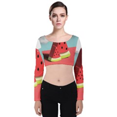 Strawberries Fruit Velvet Long Sleeve Crop Top by Grandong