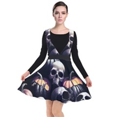 Halloween Party Skulls, Demonic Pumpkins Pattern Plunge Pinafore Dress by Casemiro